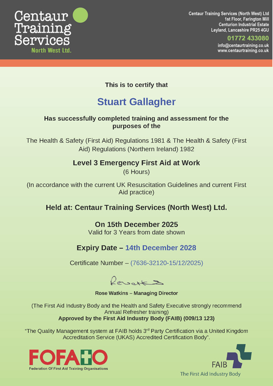 First Aid Trained health and safety training certificate